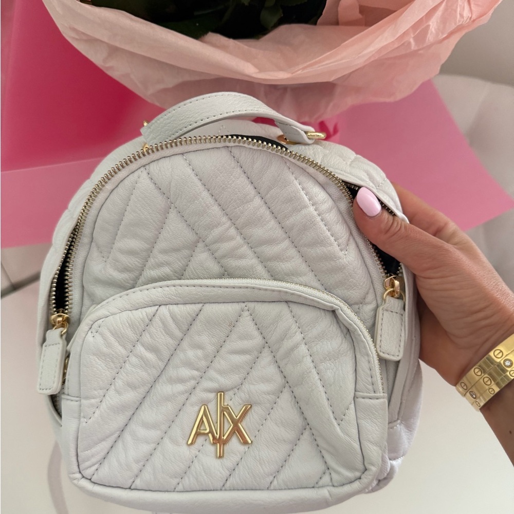 Armani Exchange Quilted Backpack in White with Gold Accents
